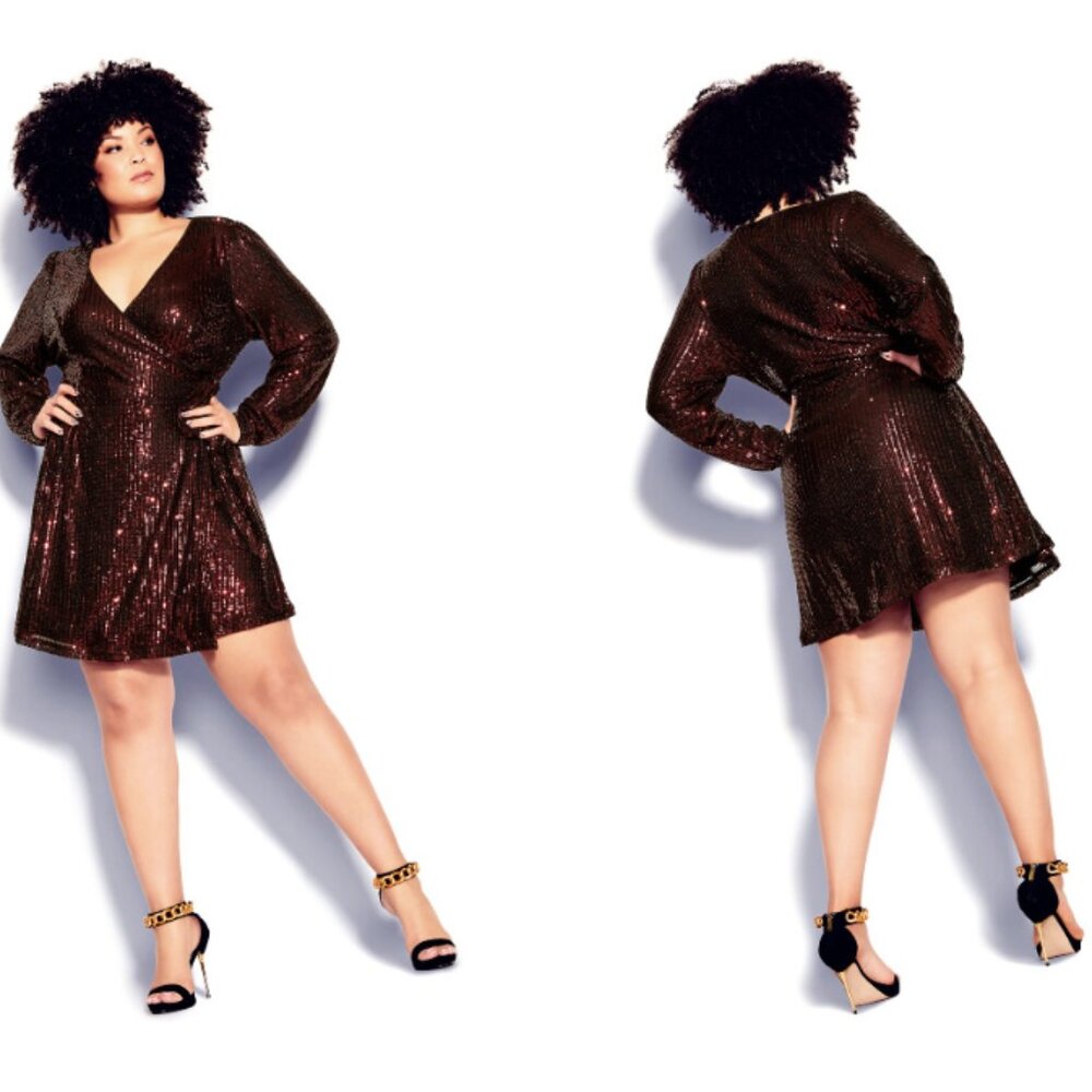 City Chic Party Glow Wrap Dress Women's 18 Sequined Wrap Lined Party Formal Mini - Picture 2 of 12